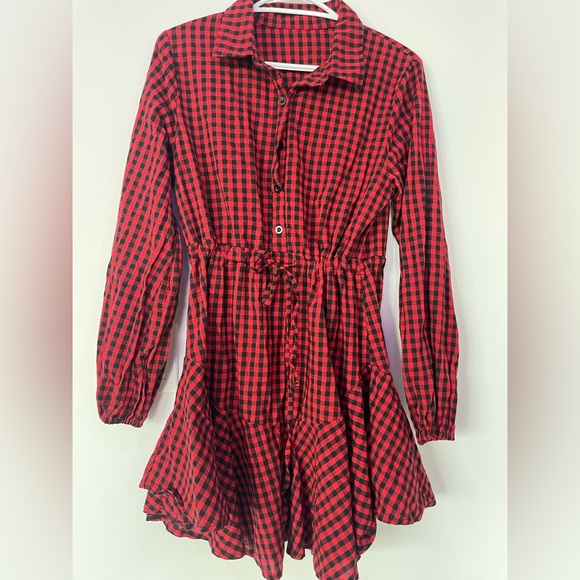 Gingham Drawstring Waist Ruffle Hem Shirt Dress - Picture 7 of 7